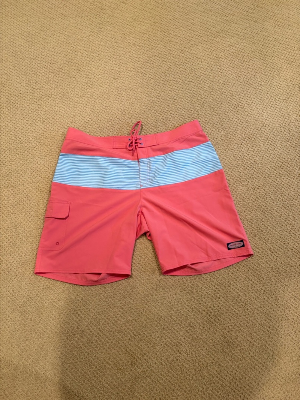Vineyard Vines Coral Swim Trunks with Light Blue Stripe